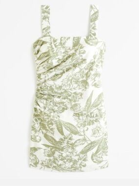 Abercrombie Floral Green and Cream Ruched Linen-Blend Mini Dress - Tall